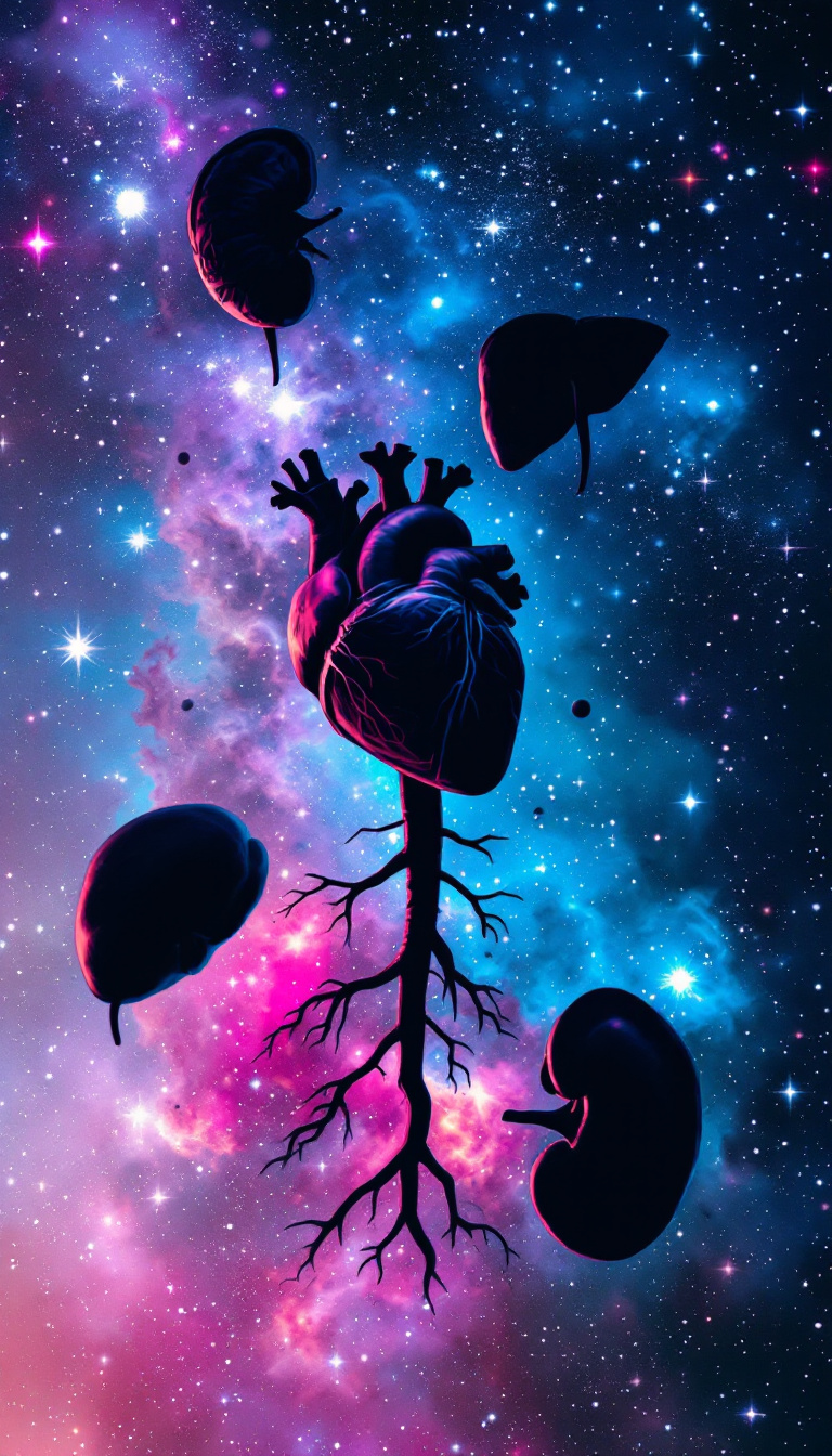 Create an artistic depiction of a galaxy background with vital human organs in black floating in the air, Brain, heart, lung, liver, kidney.