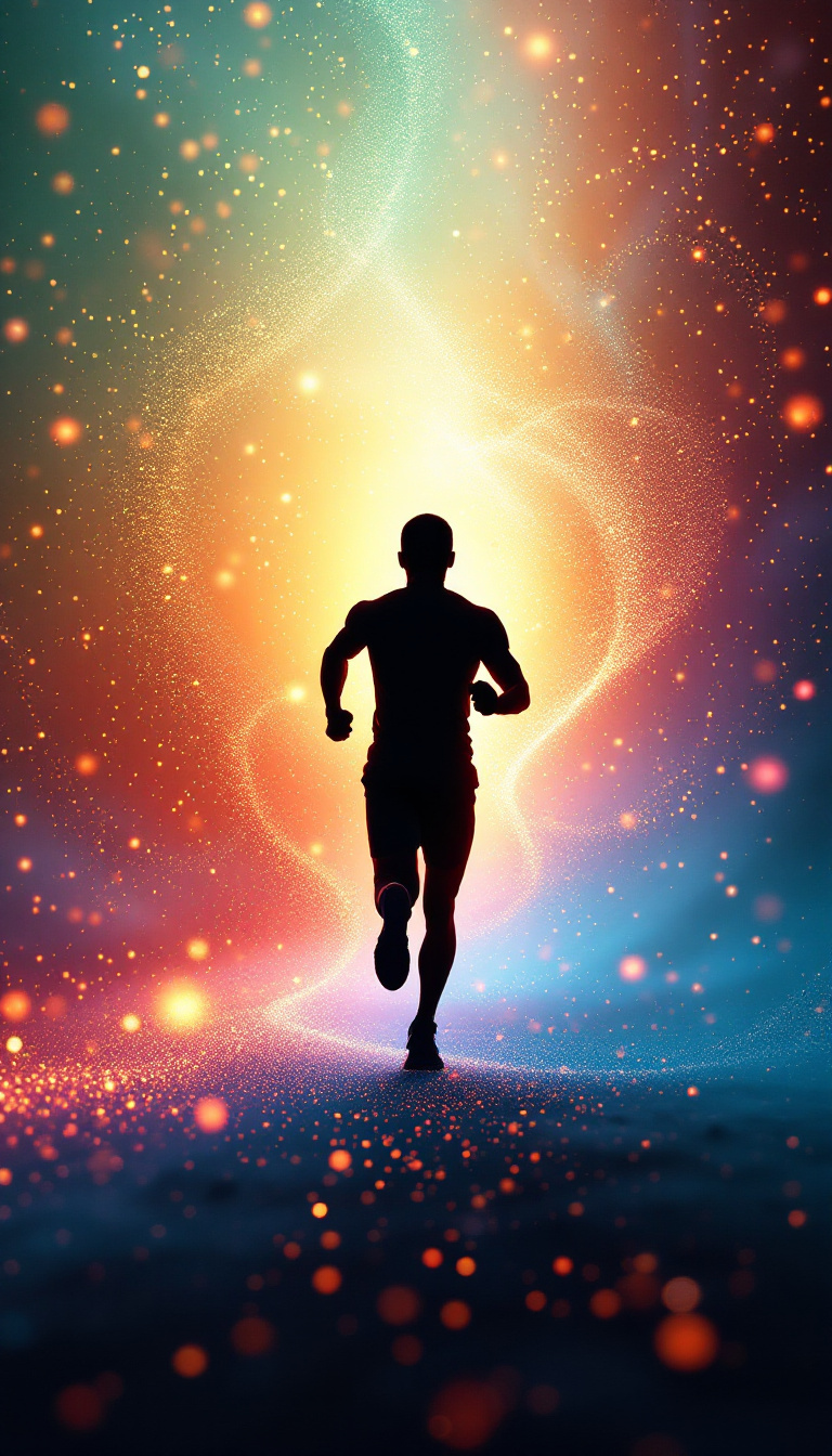 Create an artistic depiction of a small silhouette of a human figure running, surrounded by an abstract, colorful swirl of light and energy make up of small dots. The background features a gradient transitioning from warm hues like red and orange on one side to cool hues like blue and teal on the other. The swirling energy consists of glowing dots and particles of varying sizes, giving a dynamic, cosmic effect. The runner is positioned in the center, facing forward, with the energy converging around them, creating a vibrant and energetic atmosphere. Floating in the background are the major organs of human body, including heart, brain, lung, liver, kidney signifying cell metabolism helps the organs. The scene should evoke a sense of movement, power, and vitality.