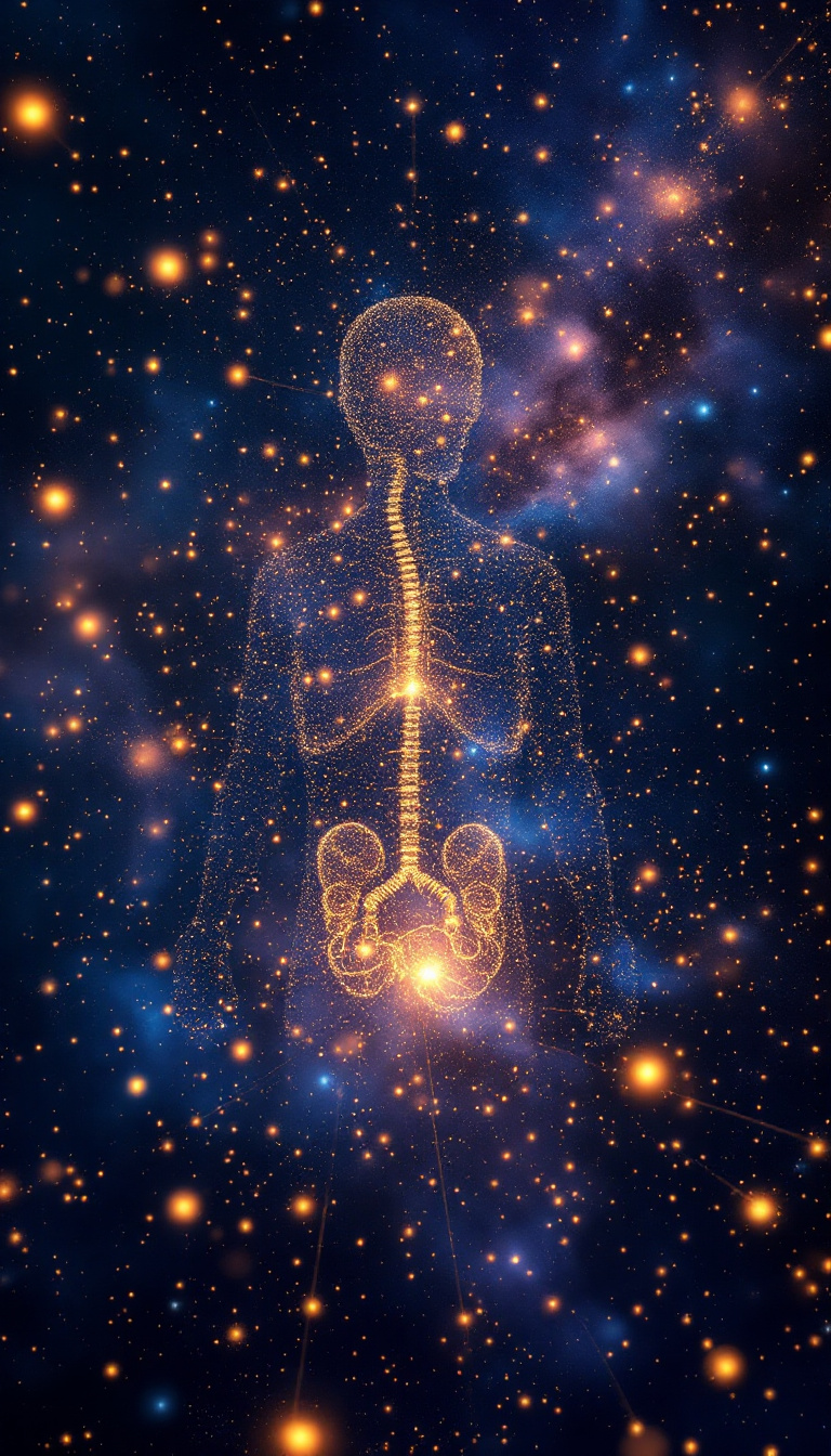 galaxy background, energy golden dot grid, vital human organs in dark color floating in the background